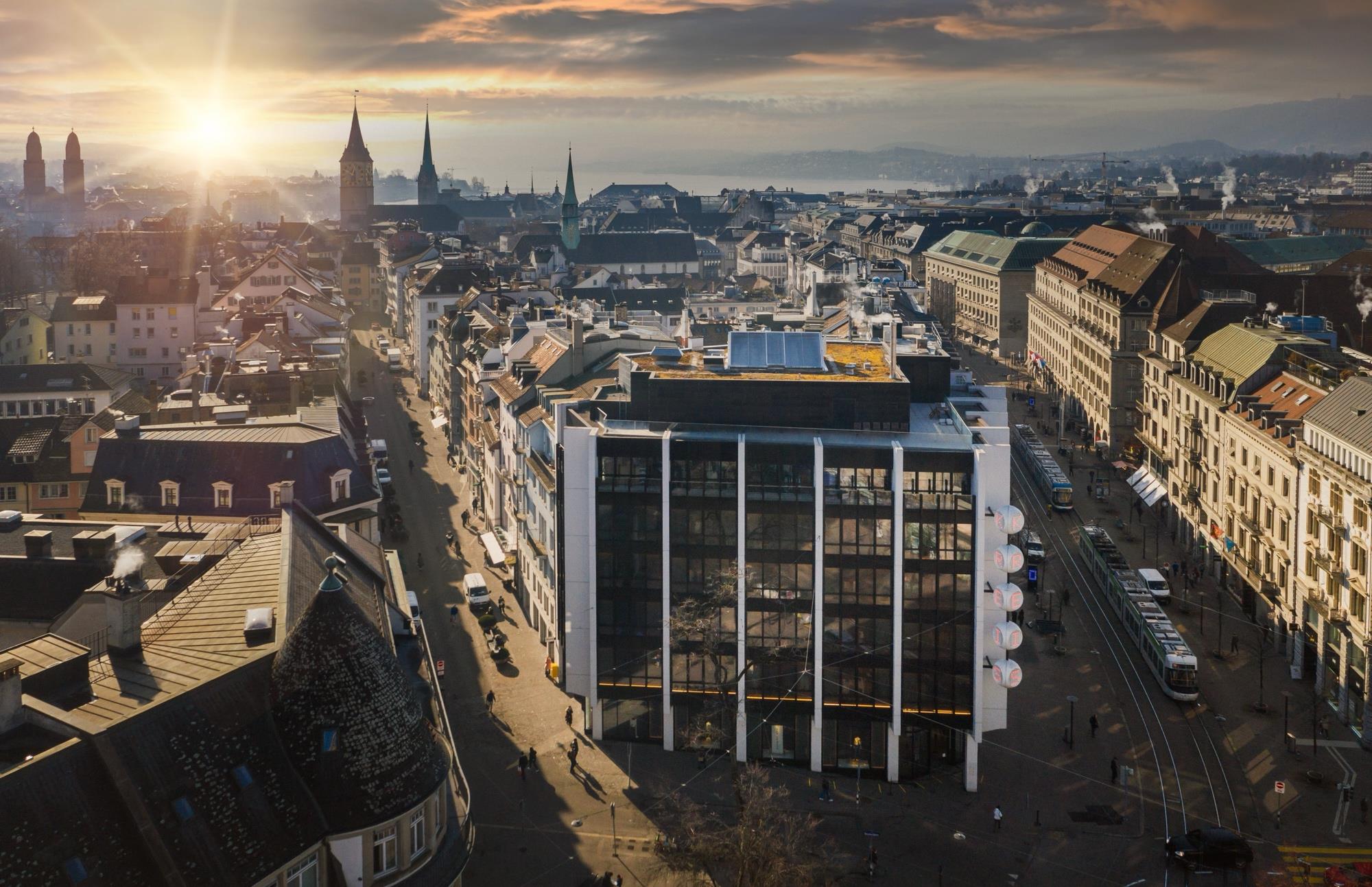 Aerial view of Zurich at sunset with Trust Square at Rennweg 57